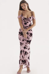 Robe longue deux pièces vintage à volants et bordure en dentelle, taille haute, motif floral